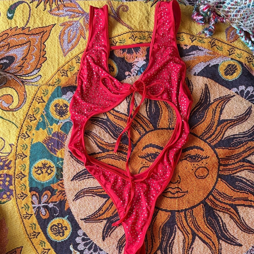 Red Cut-Out Swimsuit/Rave Wear with Rhinestones